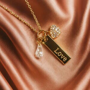 Romantic Gold-Tone Love Necklace, Crystal Heart & Teardrop Charm Pendant Jewelry